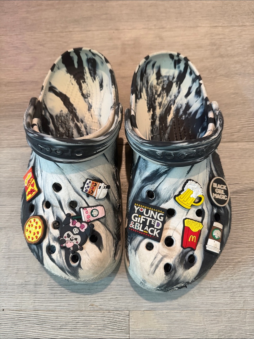 Crocs Tie-Dye Black & White Shoes with Fun Charms